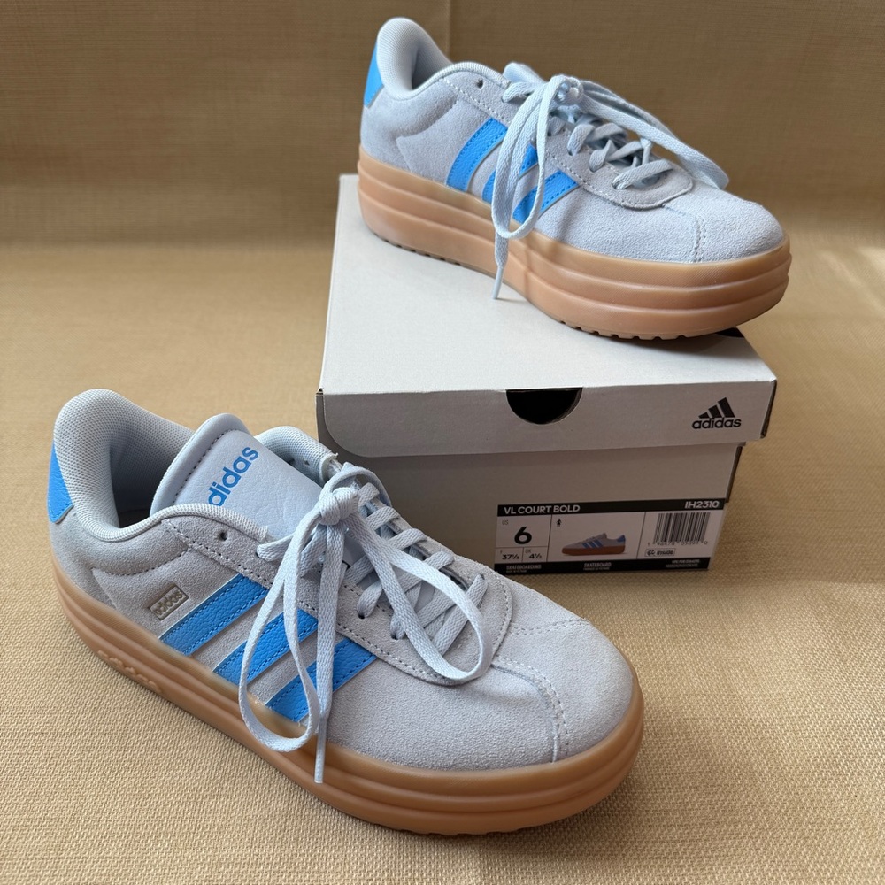 Adidas VL Court Bold Silver/Gray Blue Stripes Platform Sneakers